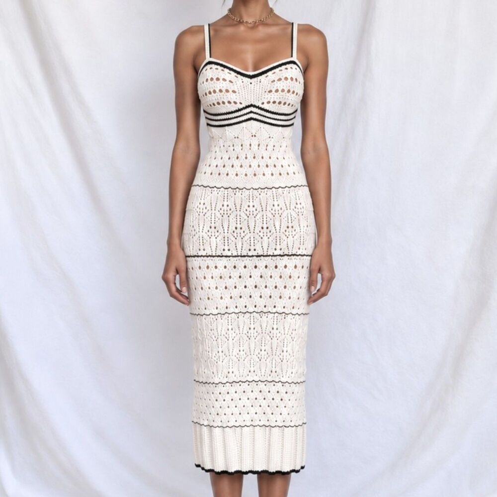 Black White Crochet Knit Bodycon Striped Midi Summer Dress Size S